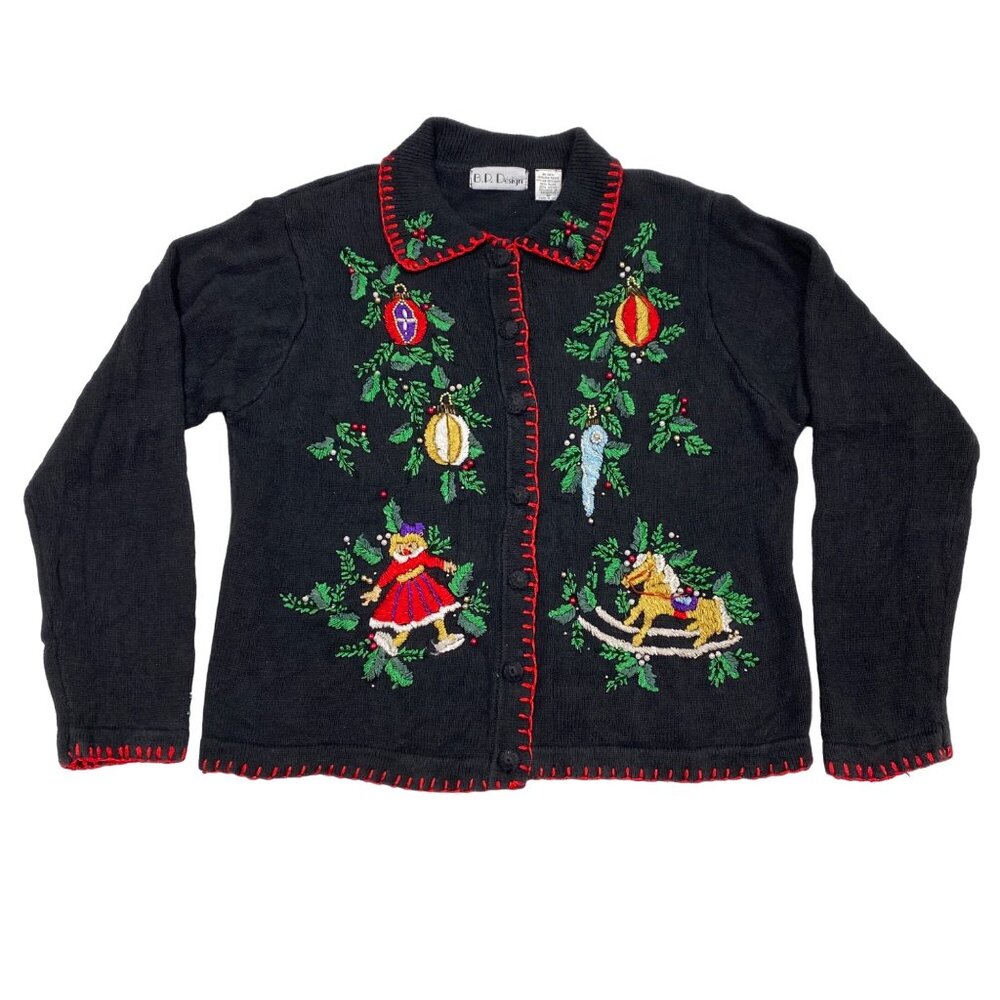 Womens Vtg Christmas Cardigan Sweater BP Design Medium Black Embroidered Beaded